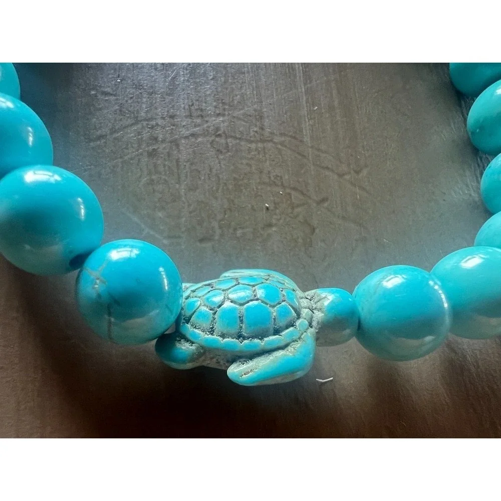 Turquoise Tone Stone Turtle Stretch Bracelet Boho Coastal Beach Jewelry Ocean‎